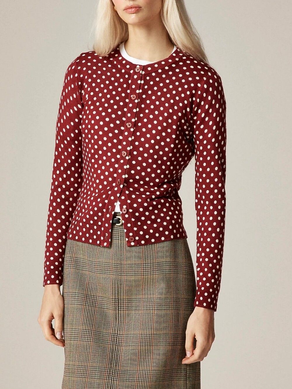 JCrew NWOT Burgundy Carolyn Cardigan In Polka-Dot Merino Wool - Picture 1 of 15